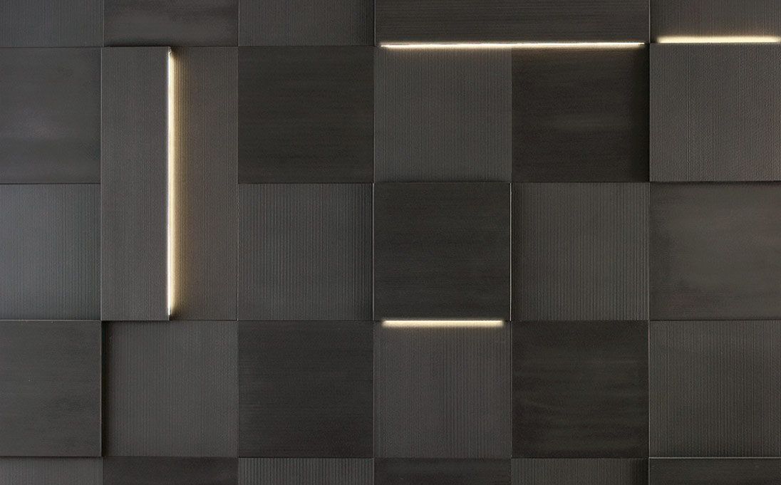 Augmented Texture Striped Led Series tiles, Black Rock stone, size 50x50 cm (roughly 24”x24”)/25x100 cm (roughly 10”x40”)